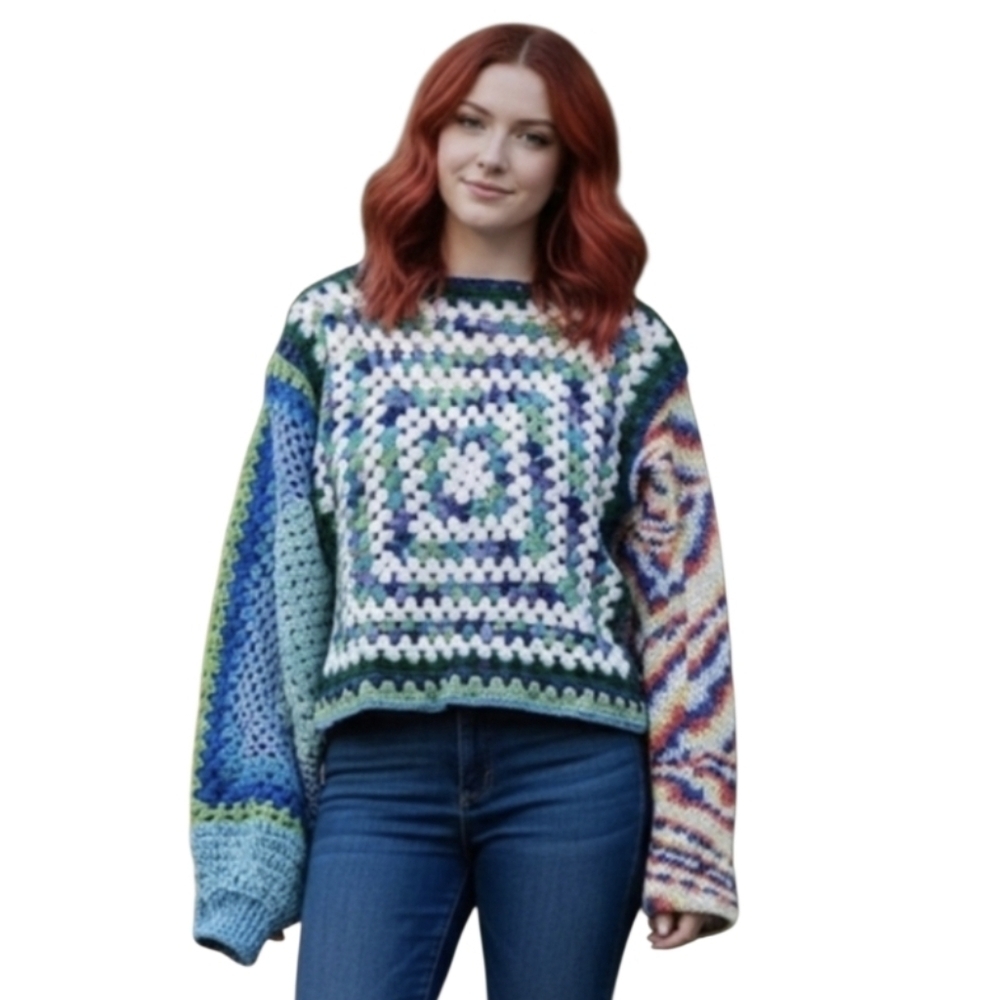 Handmade Rainbow Granny Square Crochet Sweater Colorful Off-the-Shoulder Sweater